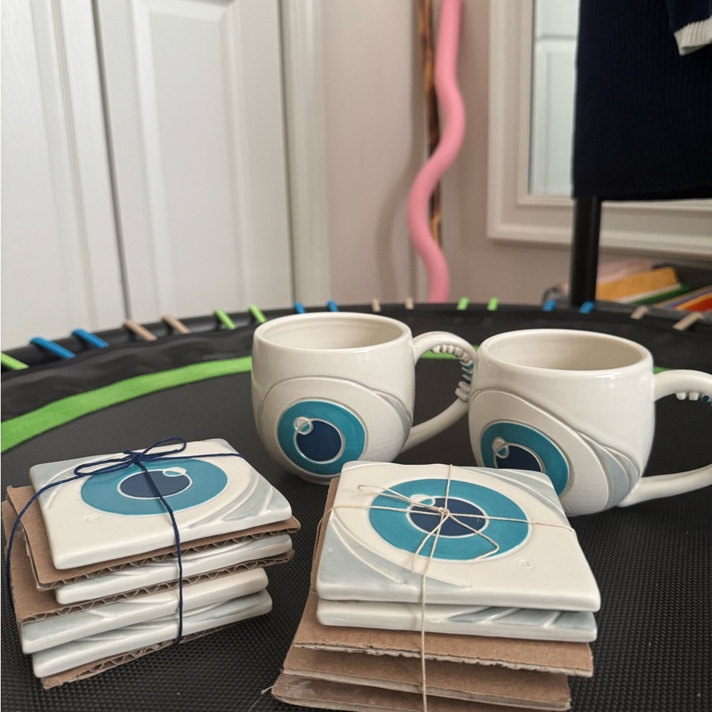 Handmade Nashville Artisan Pottery Mugs & Coaster Set (8 Coasters + 2 Mugs)